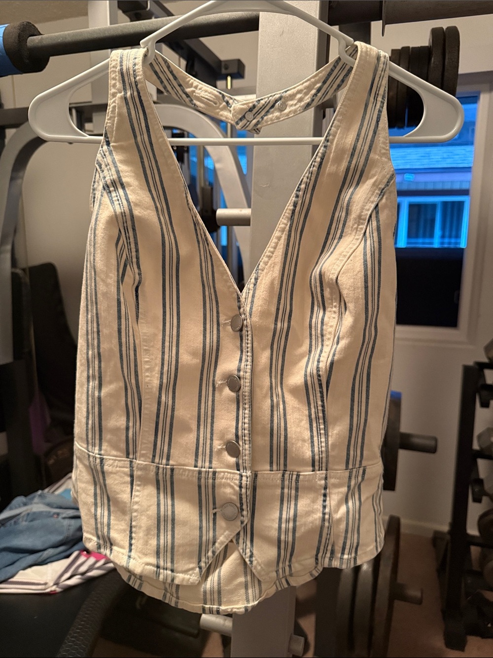 NWT Universal Thrd.Wm’s M Halter Striped Cream & Blue Button-Front Women's Vest